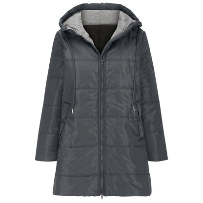 Women's longline quilted puffer jacket in black, featuring a zip front and practical pockets, ideal for cold weather wear. 1