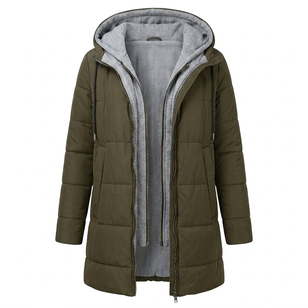 Women's longline quilted puffer jacket in black, featuring a zip front and practical pockets, ideal for cold weather wear. 5