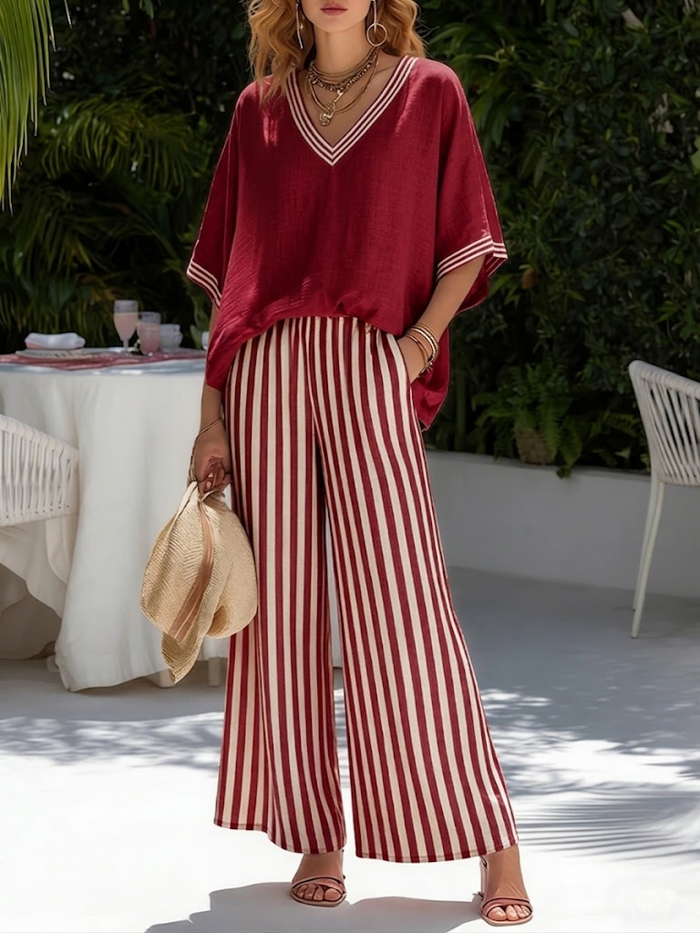 Women's loungewear set featuring a breathable cotton-linen blend, striped design, and relaxed fit, perfect for comfortable home wear. 0
