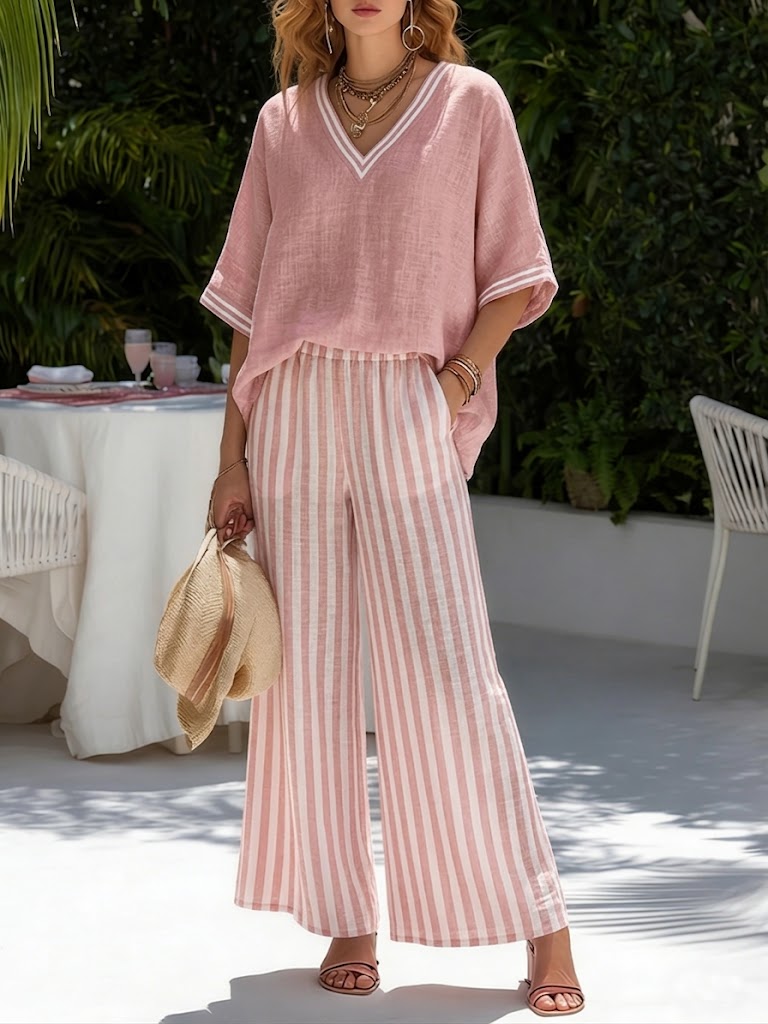 Women's loungewear set featuring a breathable cotton-linen blend, striped design, and relaxed fit, perfect for comfortable home wear. 1