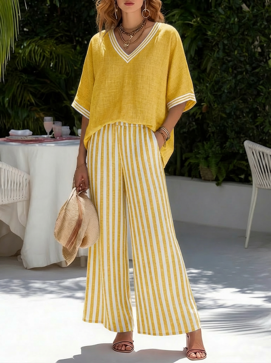Women's loungewear set featuring a breathable cotton-linen blend, striped design, and relaxed fit, perfect for comfortable home wear. 3