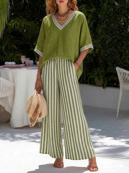 Women's loungewear set featuring a breathable cotton-linen blend, striped design, and relaxed fit, perfect for comfortable home wear. 4
