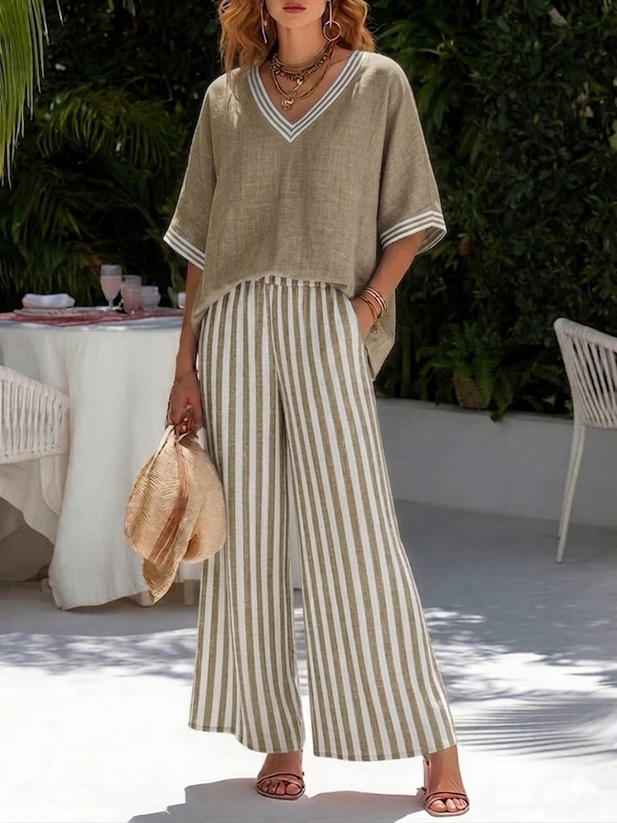 Women's loungewear set featuring a breathable cotton-linen blend, striped design, and relaxed fit, perfect for comfortable home wear. 6