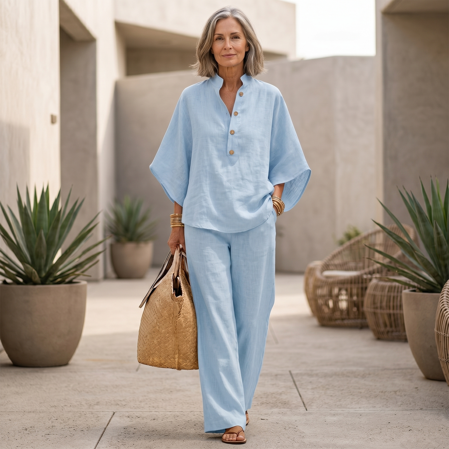 Women's loungewear set featuring batwing sleeves and wide-leg pants in a linen-textured natural style, perfect for comfort and relaxation. 2