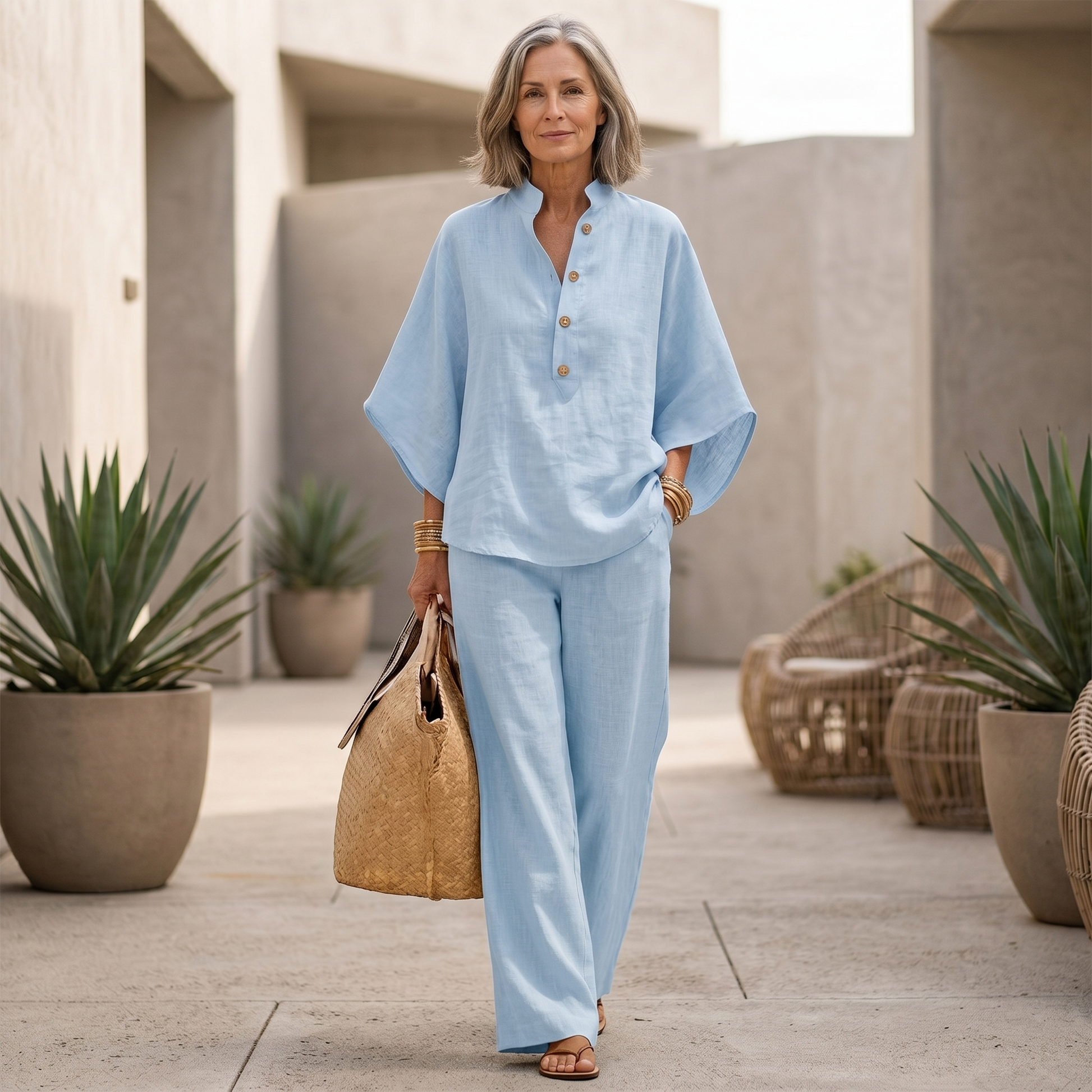 Women's loungewear set featuring batwing sleeves and wide-leg pants in a linen-textured natural style, perfect for comfort and relaxation. 2