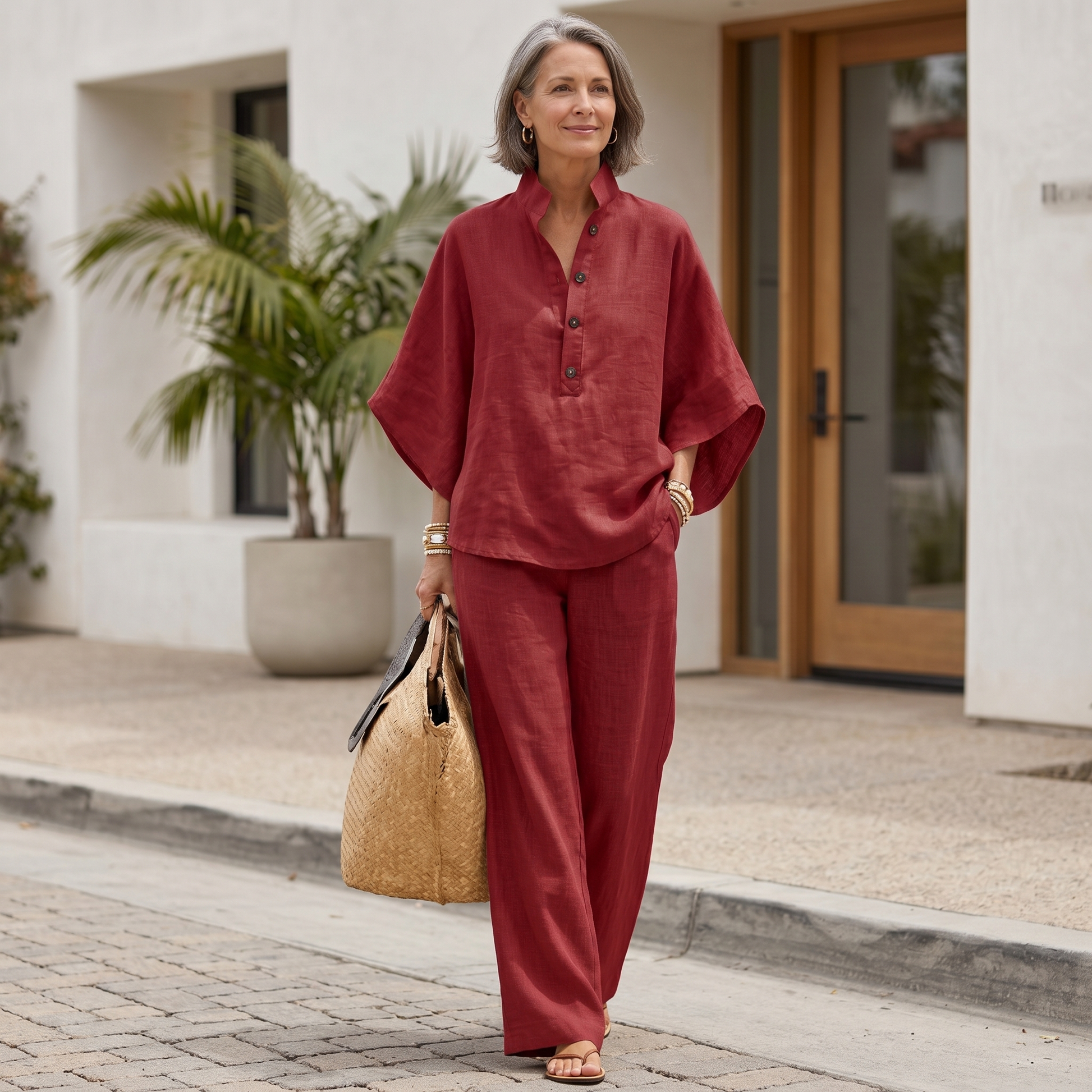 Women's loungewear set featuring batwing sleeves and wide-leg pants in a linen-textured natural style, perfect for comfort and relaxation. 5