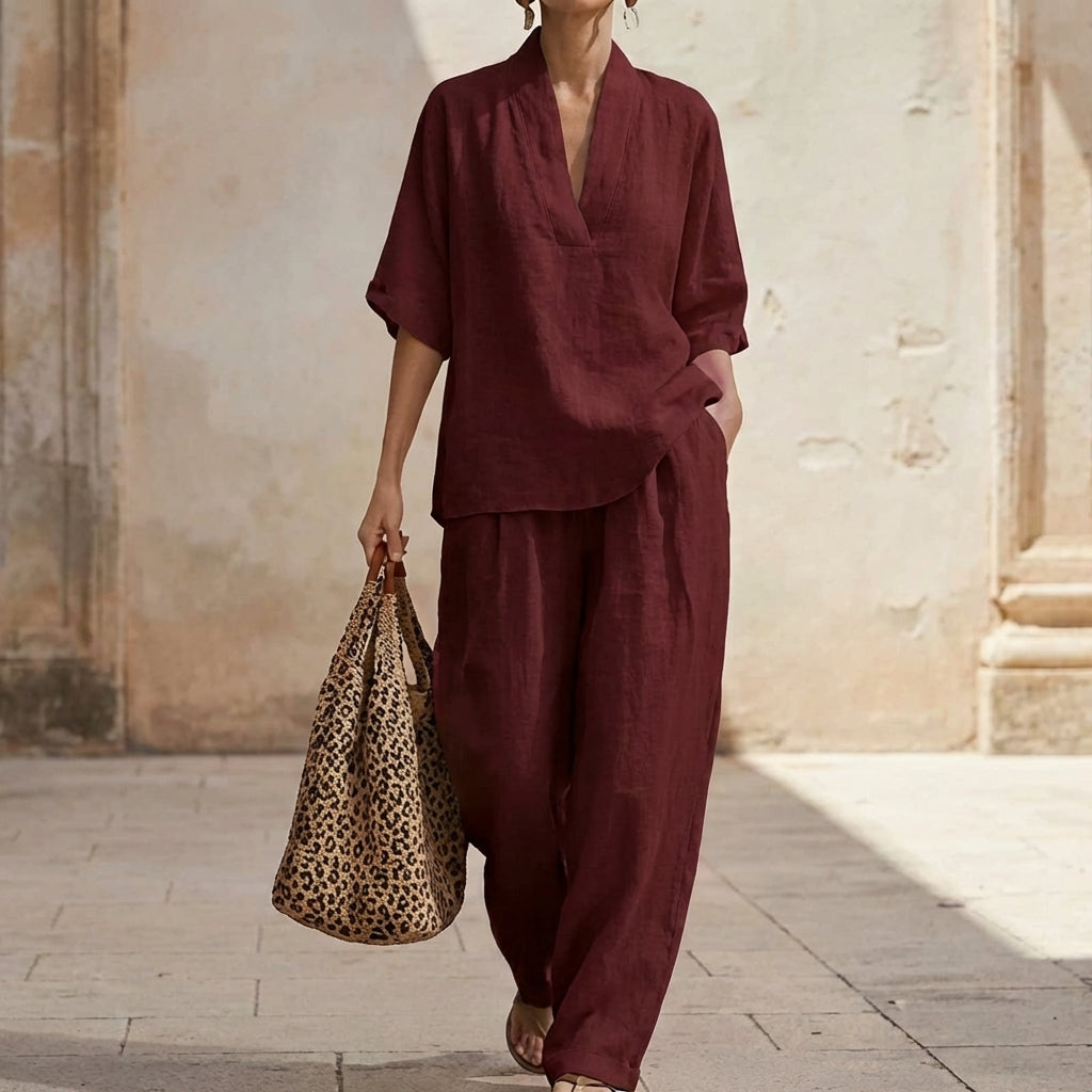 Women's loungewear set featuring breathable fabric and wide-leg pants, ideal for comfort and style in a natural elegance two-piece outfit. 1