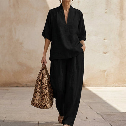 Women's loungewear set featuring breathable fabric and wide-leg pants, ideal for comfort and style in a natural elegance two-piece outfit. 2