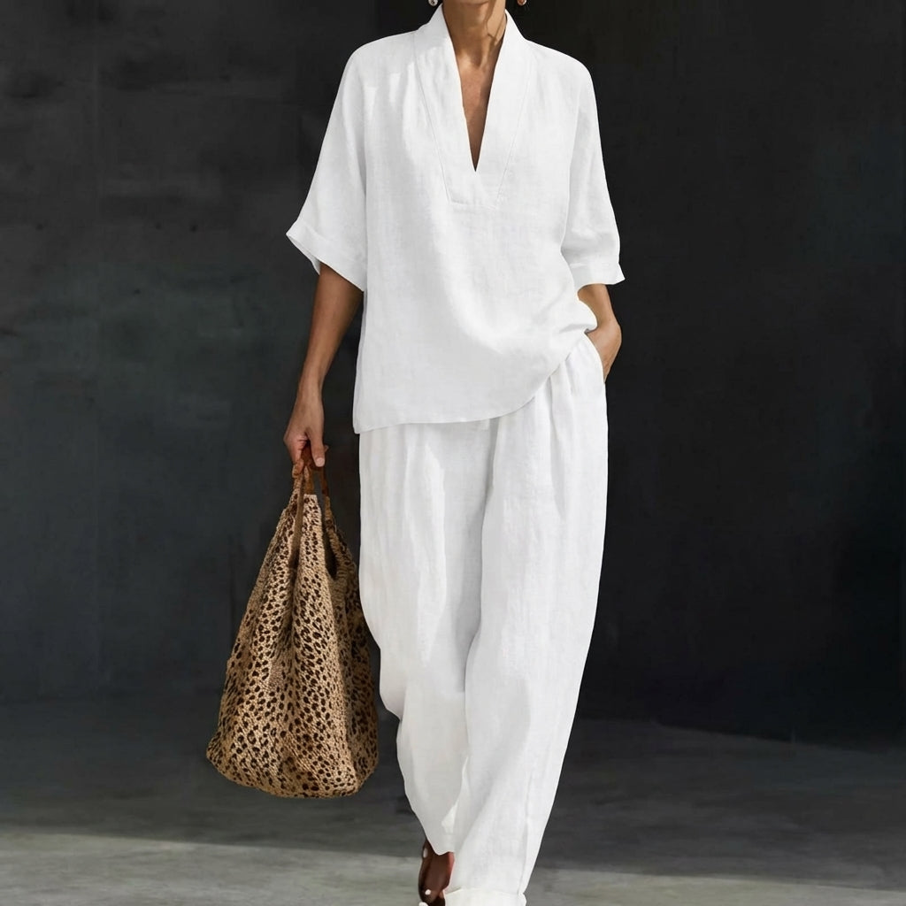 Women's loungewear set featuring breathable fabric and wide-leg pants, ideal for comfort and style in a natural elegance two-piece outfit. 4