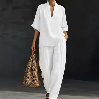 Women's loungewear set featuring breathable fabric and wide-leg pants, ideal for comfort and style in a natural elegance two-piece outfit. 4