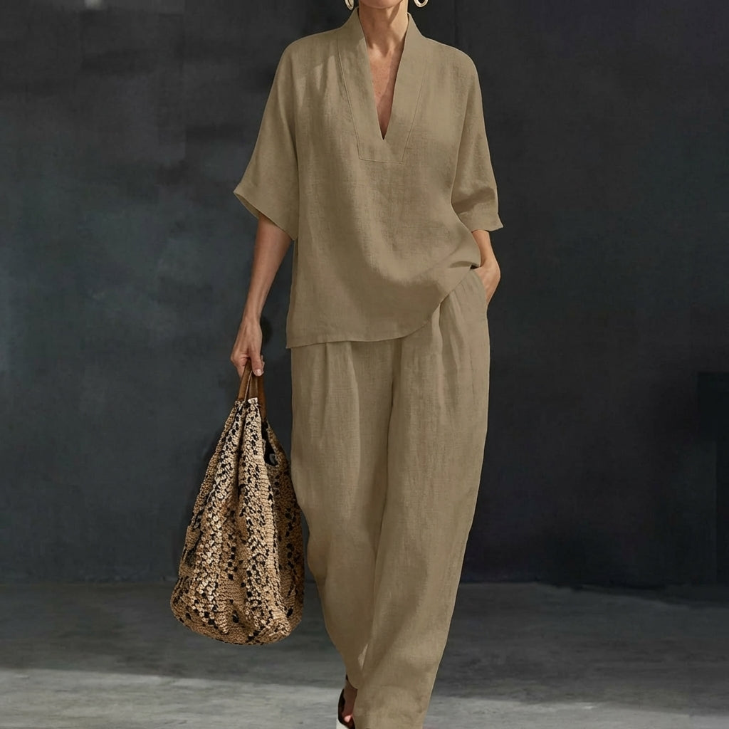 Women's loungewear set featuring breathable fabric and wide-leg pants, ideal for comfort and style in a natural elegance two-piece outfit. 5