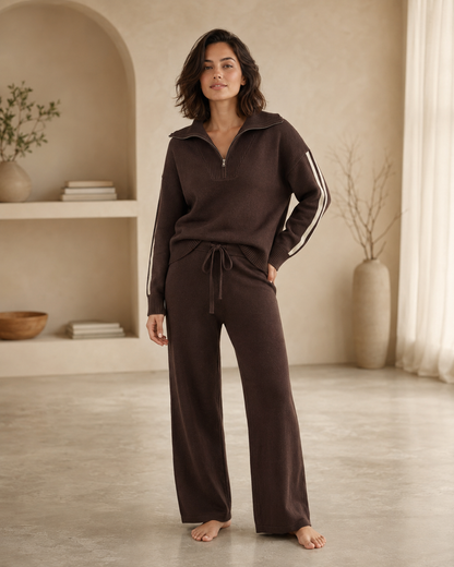 Women's loungewear set featuring a half-zip pullover and wide-leg trousers in comfortable chocolate brown stripes, perfect for relaxation and casual outings. 0