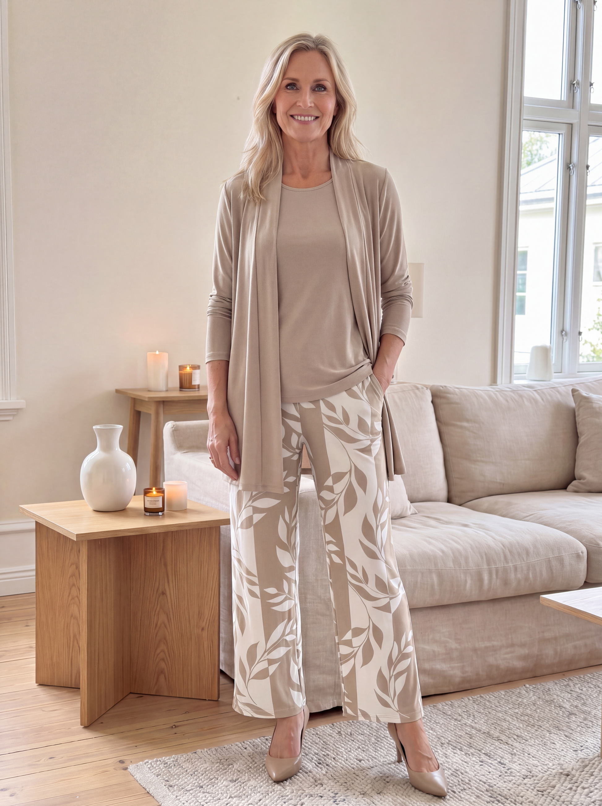 Women's loungewear set featuring a longline top and printed trousers, crafted from soft breathable fabric for ultimate casual comfort. 2