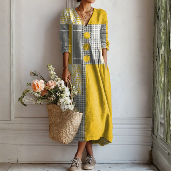 Women's maxi dress featuring a colorful abstract print, made from lightweight linen for a relaxed fit, perfect for summer casual wear. 0