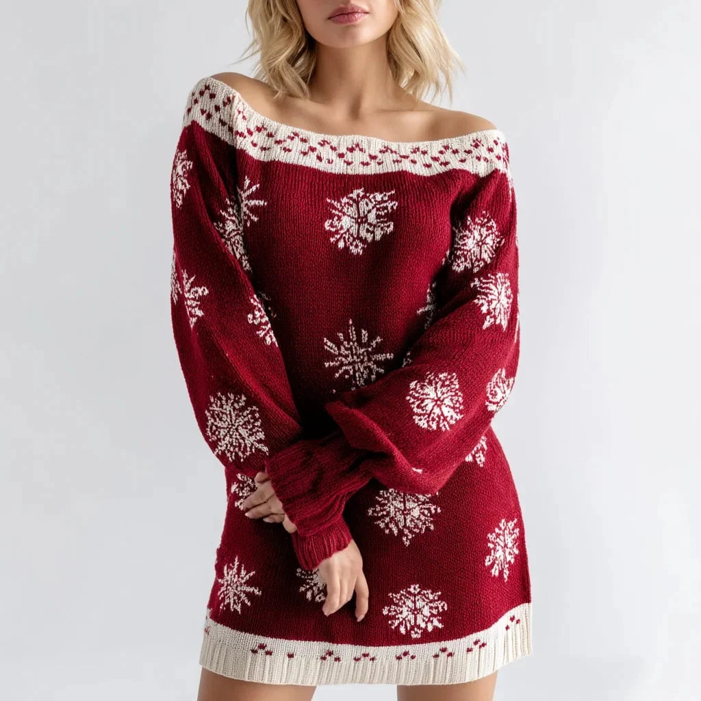 Women's midi dress featuring an off-shoulder neckline and sequin embellishments, designed as a stretch knitted A-line dress perfect for winter gatherings. 0