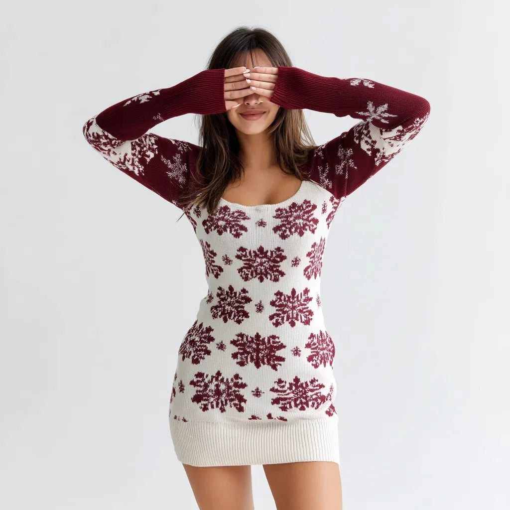 Women's midi dress featuring an off-shoulder neckline and sequin embellishments, designed as a stretch knitted A-line dress perfect for winter gatherings. 2