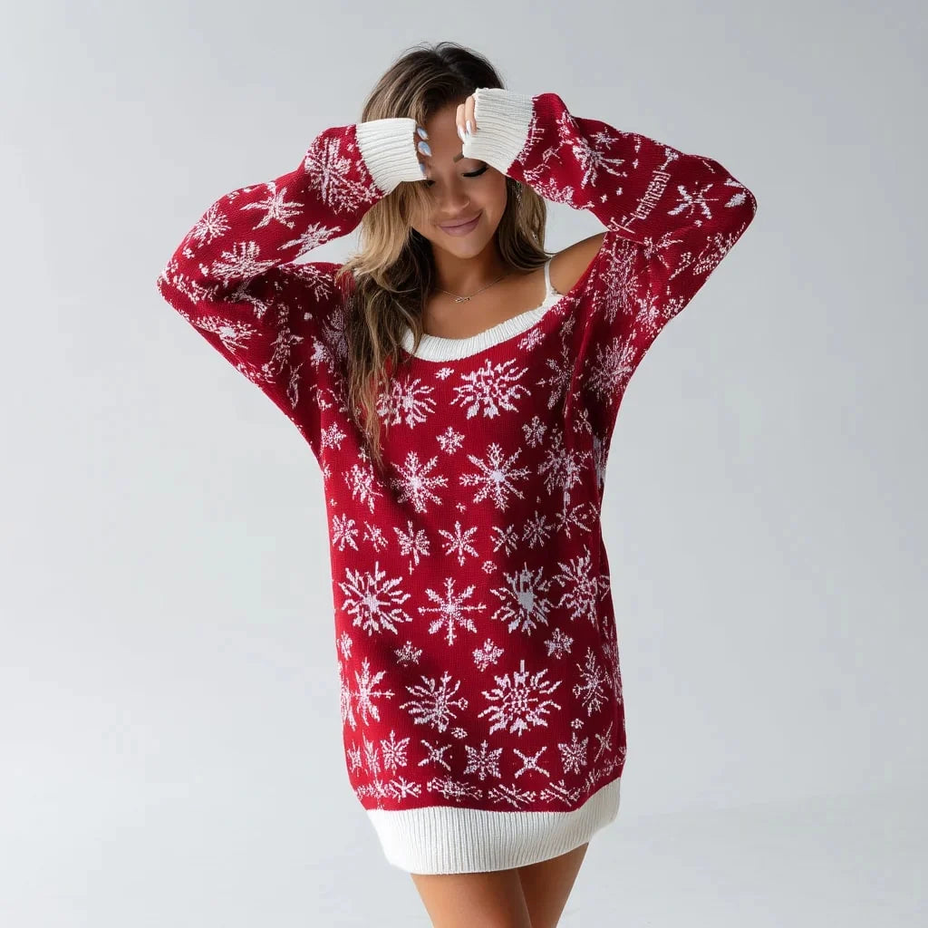 Women's midi dress featuring an off-shoulder neckline and sequin embellishments, designed as a stretch knitted A-line dress perfect for winter gatherings. 3