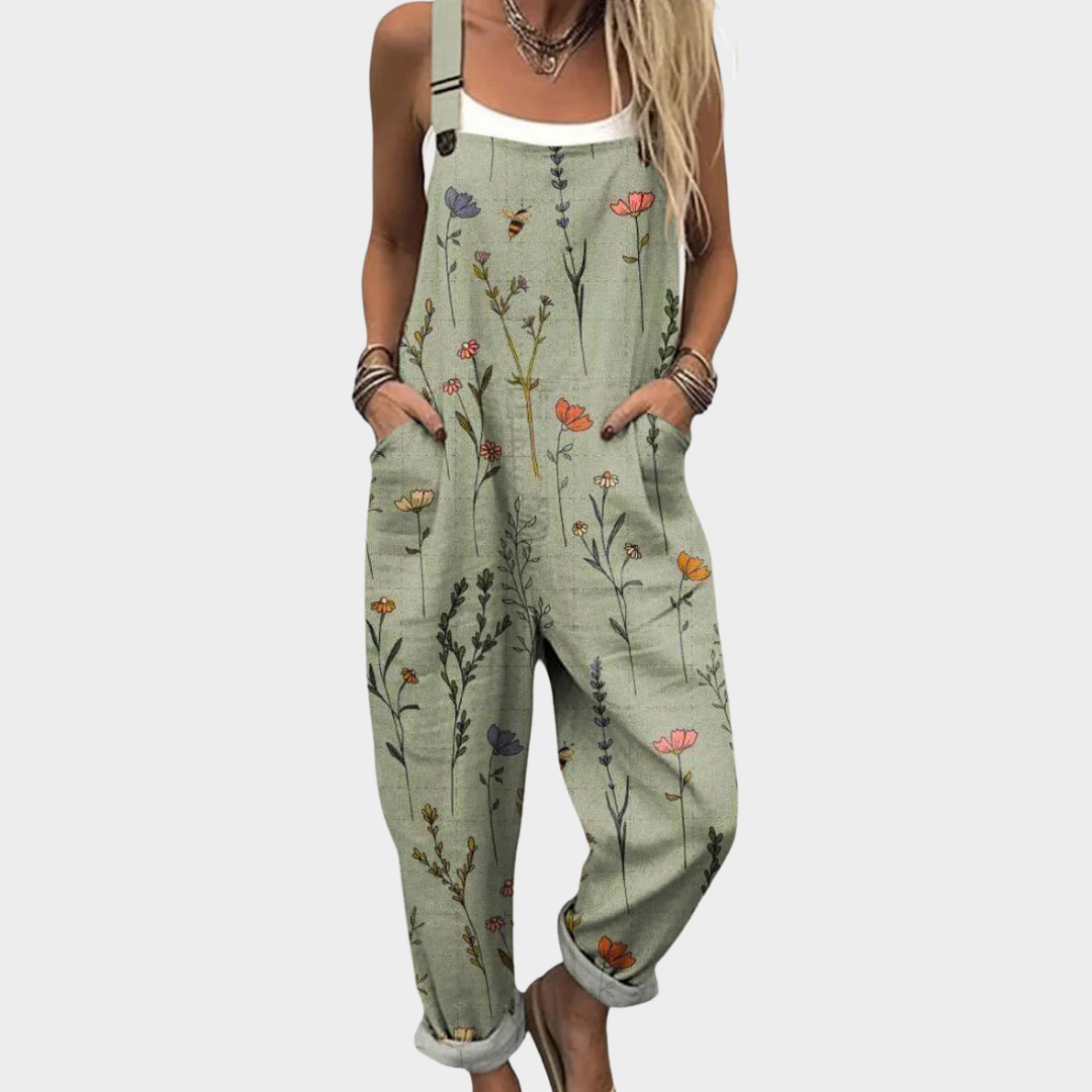 Women's overalls featuring adjustable straps and a loose fit, crafted from a comfortable multi-patterned cotton blend for casual wear. 0