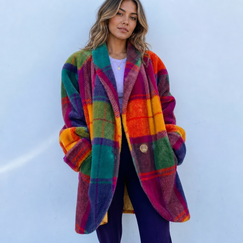 Women's oversized wool coat featuring a classic plaid design, perfect for winter style and warmth. 0
