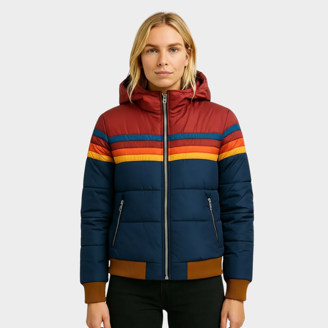 Women's puffer jacket featuring insulated warmth and a cozy hood, designed with a retro stripe pattern, perfect for autumn and winter wear. 0