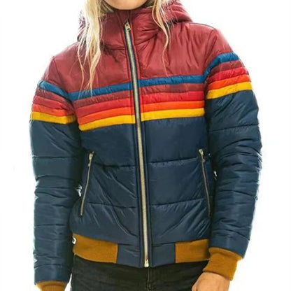 Women's puffer jacket featuring insulated warmth and a cozy hood, designed with a retro stripe pattern, perfect for autumn and winter wear. 1