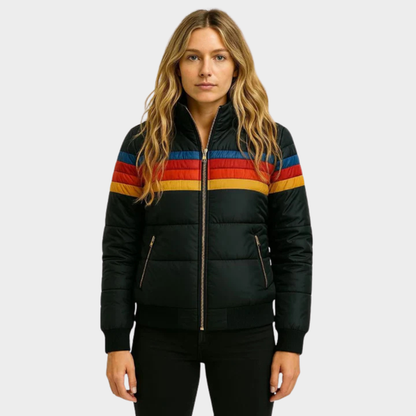 Women's puffer jacket featuring insulated warmth and a cozy hood, designed with a retro stripe pattern, perfect for autumn and winter wear. 3