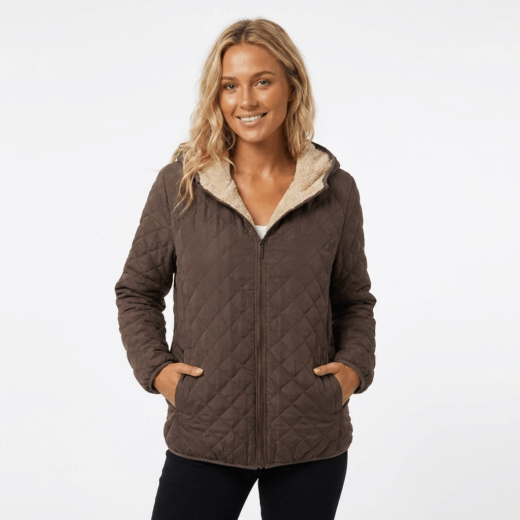 Women's quilted jacket featuring a fleece-lined hood and zip-up closure, designed for warmth and style, perfect for winter wear. 10