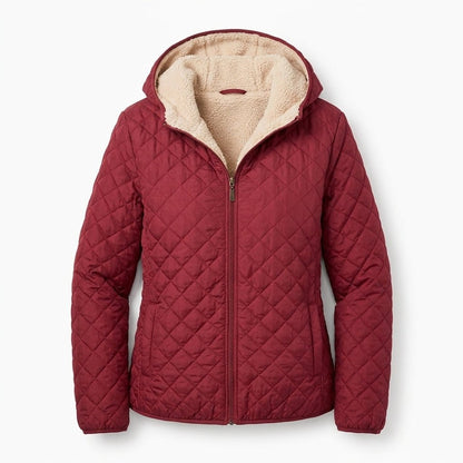 Women's quilted jacket featuring a fleece-lined hood and zip-up closure, designed for warmth and style, perfect for winter wear. 3