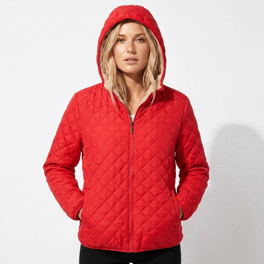 Women's quilted jacket featuring a fleece-lined hood and zip-up closure, designed for warmth and style, perfect for winter wear. 6