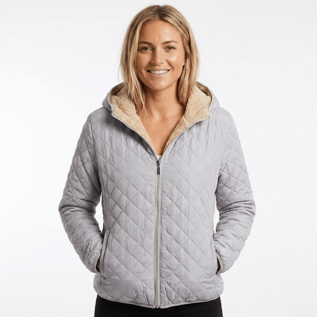 Women's quilted jacket featuring a fleece-lined hood and zip-up closure, designed for warmth and style, perfect for winter wear. 9