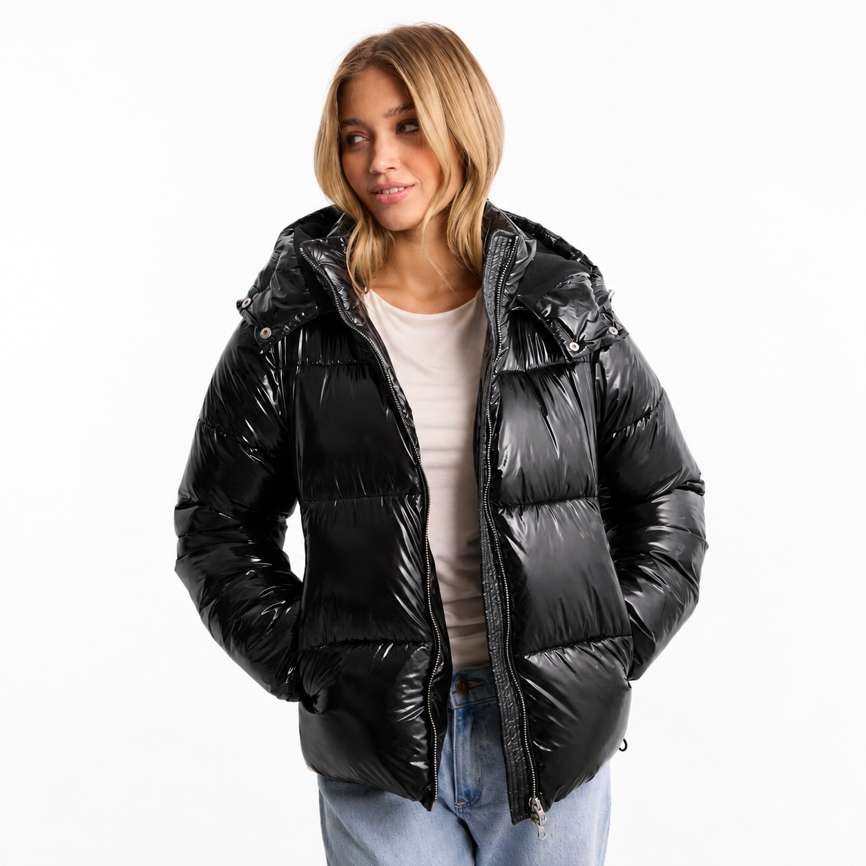 Women's quilted jacket featuring a removable hood, water-repellent fabric, and a modern design, perfect for stylish winter wear. 0