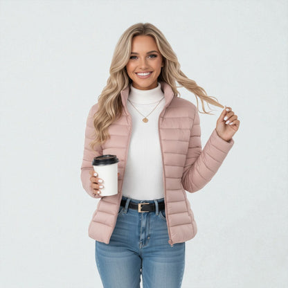 Women's lightweight quilted jacket in a slim fit, featuring a stylish neutral tone, perfect for casual outings and versatile layering. 5