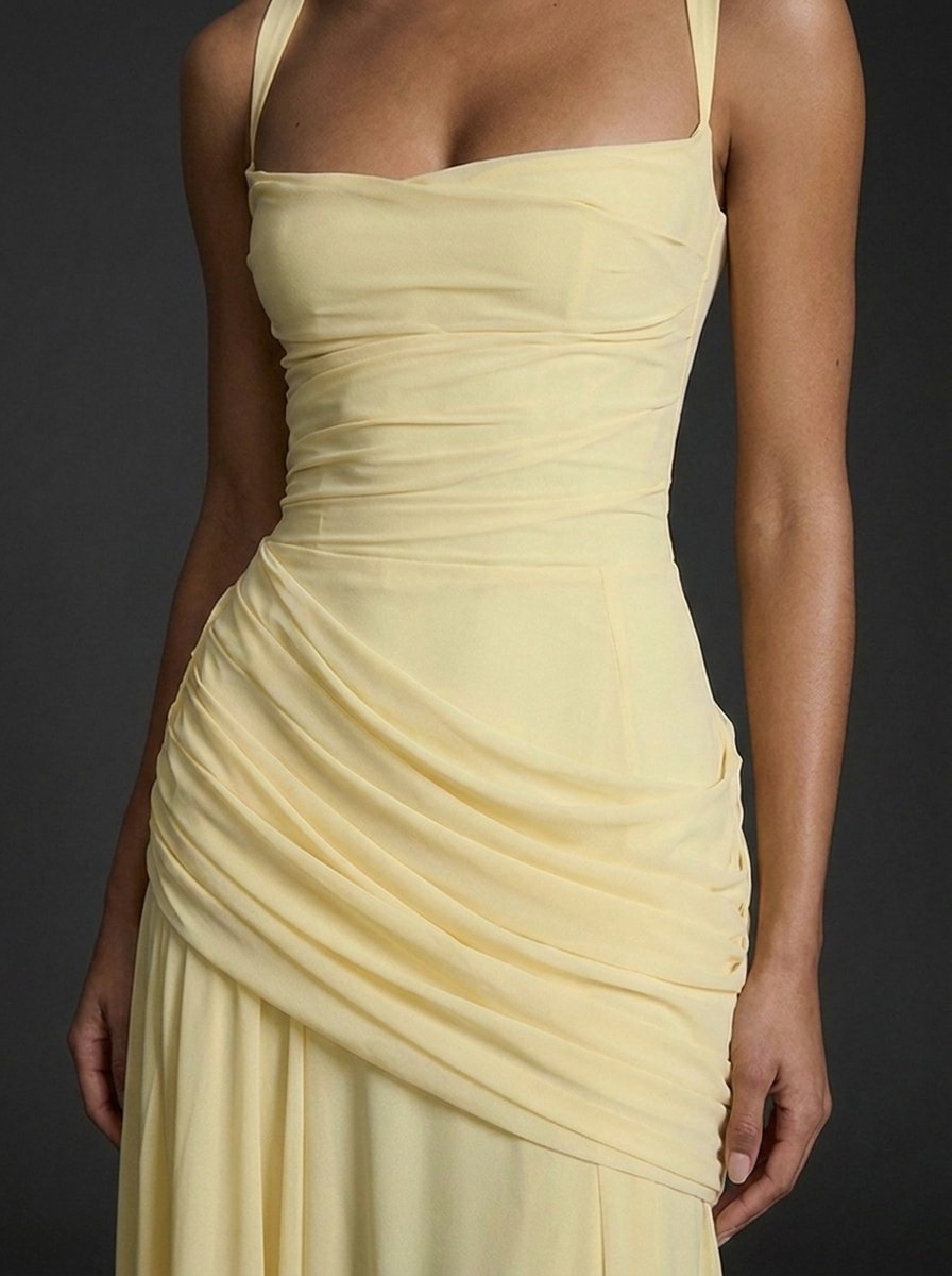 Women's elegant ruched maxi dress featuring a square neckline, perfect for wedding guests, showcasing a flattering silhouette and sophisticated design. 1