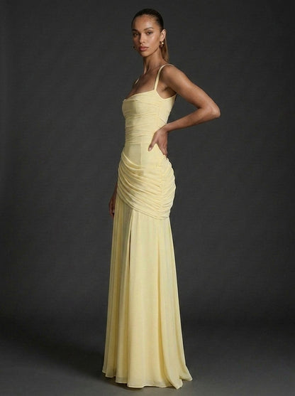 Women's elegant ruched maxi dress featuring a square neckline, perfect for wedding guests, showcasing a flattering silhouette and sophisticated design. 2