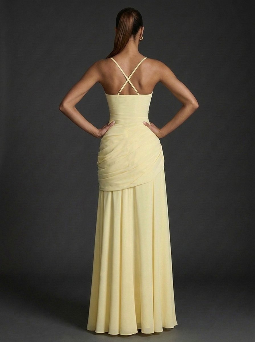 Women's elegant ruched maxi dress featuring a square neckline, perfect for wedding guests, showcasing a flattering silhouette and sophisticated design. 3