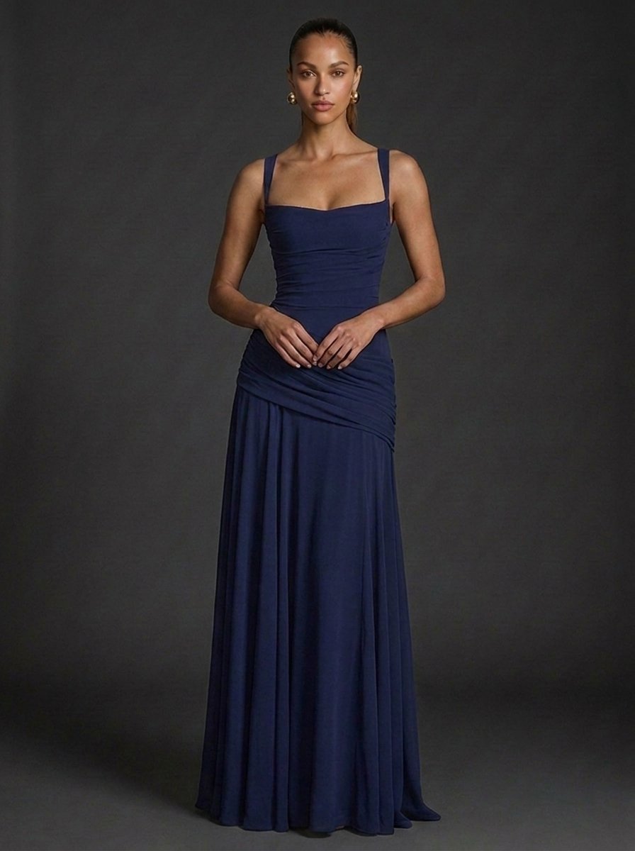 Women's elegant ruched maxi dress featuring a square neckline, perfect for wedding guests, showcasing a flattering silhouette and sophisticated design. 4
