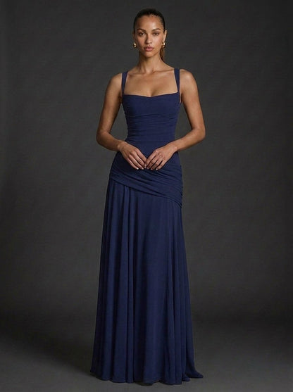 Women's elegant ruched maxi dress featuring a square neckline, perfect for wedding guests, showcasing a flattering silhouette and sophisticated design. 4