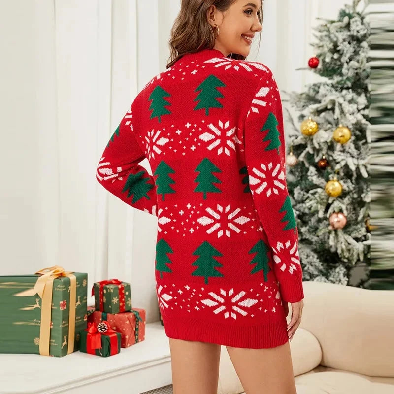 Women's slim fit sweater dress featuring a jacquard knit pattern, long sleeves, and made from soft knitted polyester, perfect for festive occasions. 3