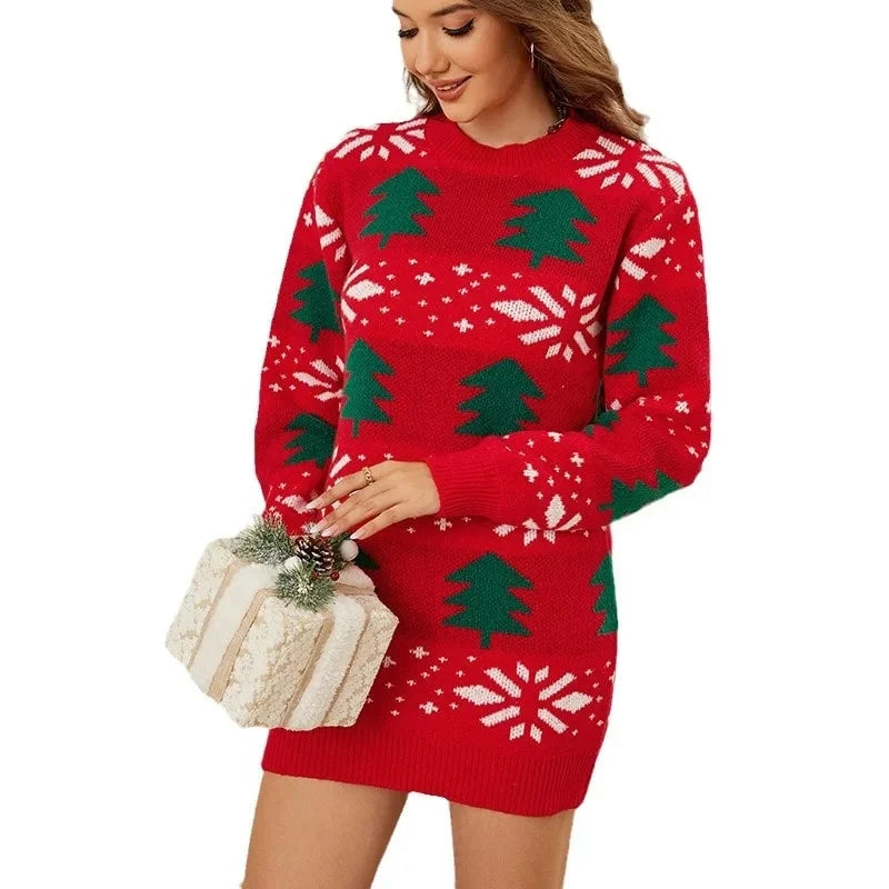 Women's slim fit sweater dress featuring a jacquard knit pattern, long sleeves, and made from soft knitted polyester, perfect for festive occasions. 4