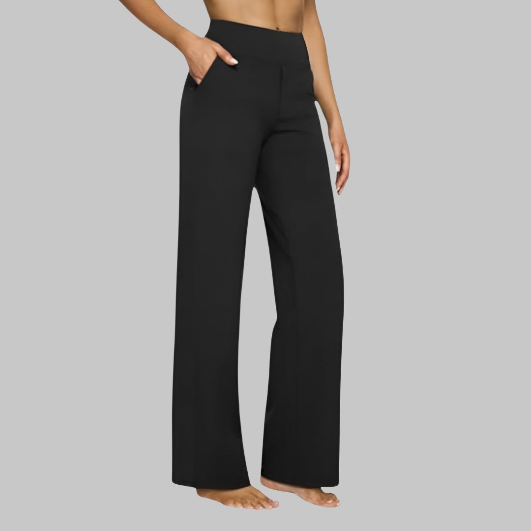 Women's stretch pants featuring a high waist design and deep pockets, crafted for comfort with wrinkle-free fabric, perfect for casual outings and workouts. 6