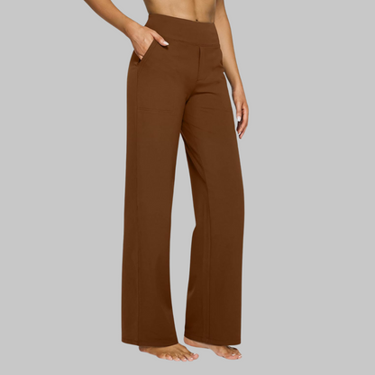 Women's stretch pants featuring a high waist design and deep pockets, crafted for comfort with wrinkle-free fabric, perfect for casual outings and workouts. 9