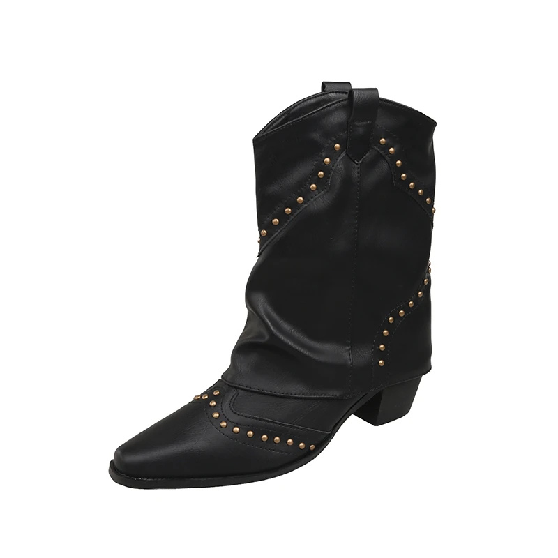 Black women's studded cowboy boots featuring mid-heel and metallic accents, showcasing a stylish Western-inspired design perfect for fashionable outfits. 0