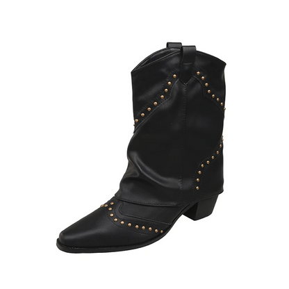 Black women's studded cowboy boots featuring mid-heel and metallic accents, showcasing a stylish Western-inspired design perfect for fashionable outfits. 0