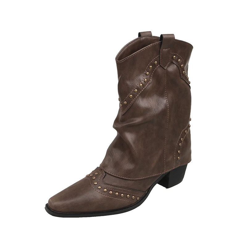 Black women's studded cowboy boots featuring mid-heel and metallic accents, showcasing a stylish Western-inspired design perfect for fashionable outfits. 4