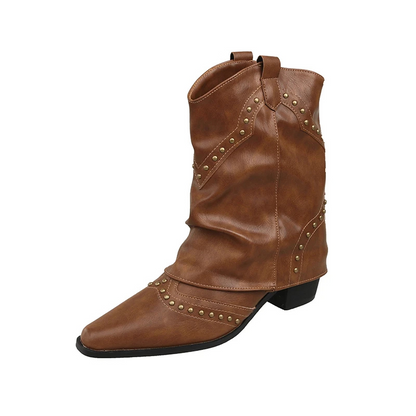 Black women's studded cowboy boots featuring mid-heel and metallic accents, showcasing a stylish Western-inspired design perfect for fashionable outfits. 9