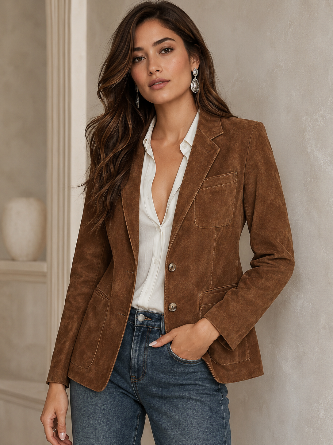 Women's suede blazer featuring a notched lapel and patch pockets, designed with a relaxed fit for effortless style and versatility in any wardrobe. 0