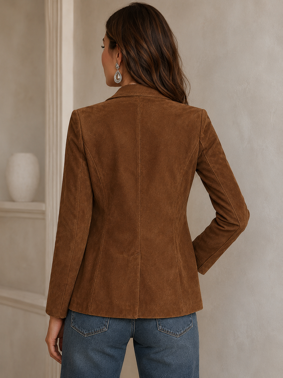 Women's suede blazer featuring a notched lapel and patch pockets, designed with a relaxed fit for effortless style and versatility in any wardrobe. 1