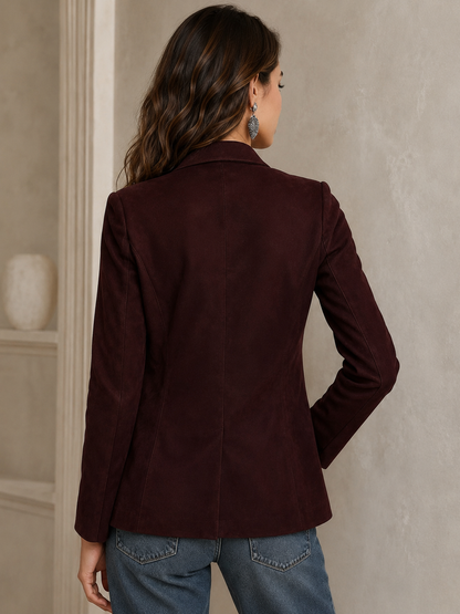 Women's suede blazer featuring a notched lapel and patch pockets, designed with a relaxed fit for effortless style and versatility in any wardrobe. 3