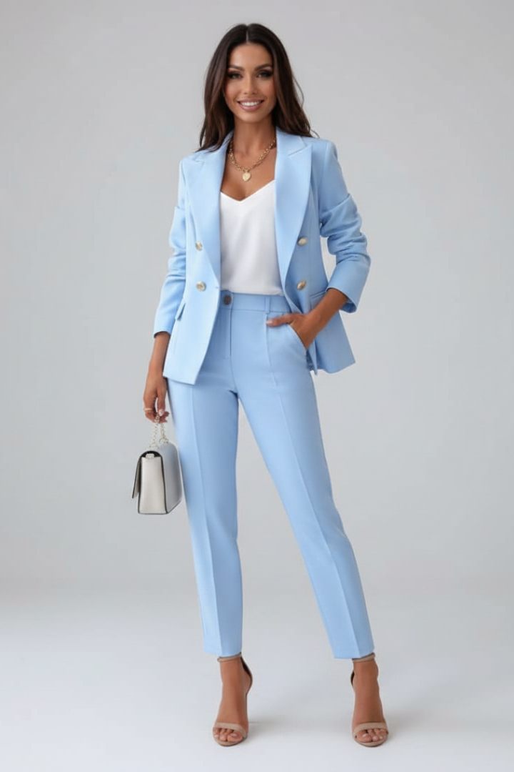 Women's tailored blazer and high-waisted trousers suit set in premium polyester blend, perfect for elegant professional attire, showcasing a sophisticated design in a classic fit. 0