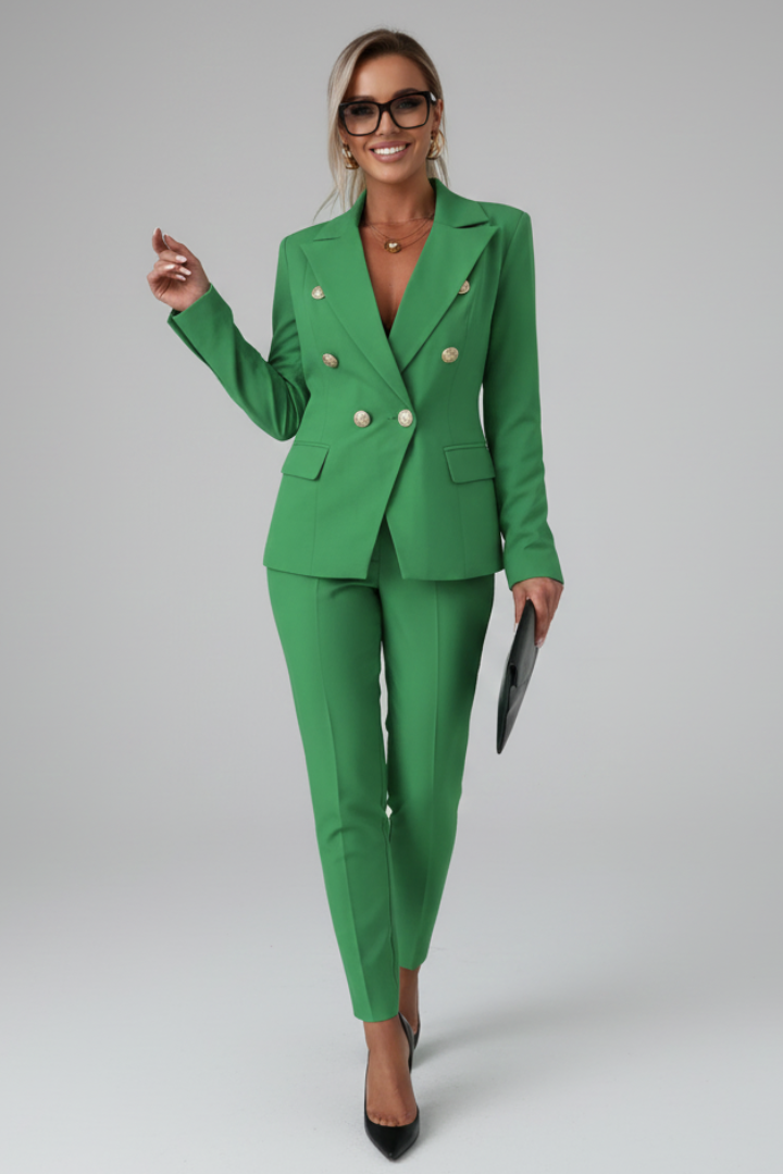 Women's tailored blazer and high-waisted trousers suit set in premium polyester blend, perfect for elegant professional attire, showcasing a sophisticated design in a classic fit. 12